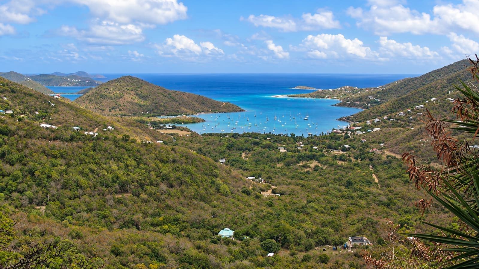 Barcos fondeados en Coral Bay, bajo las colinas de St. John en la estación seca.
