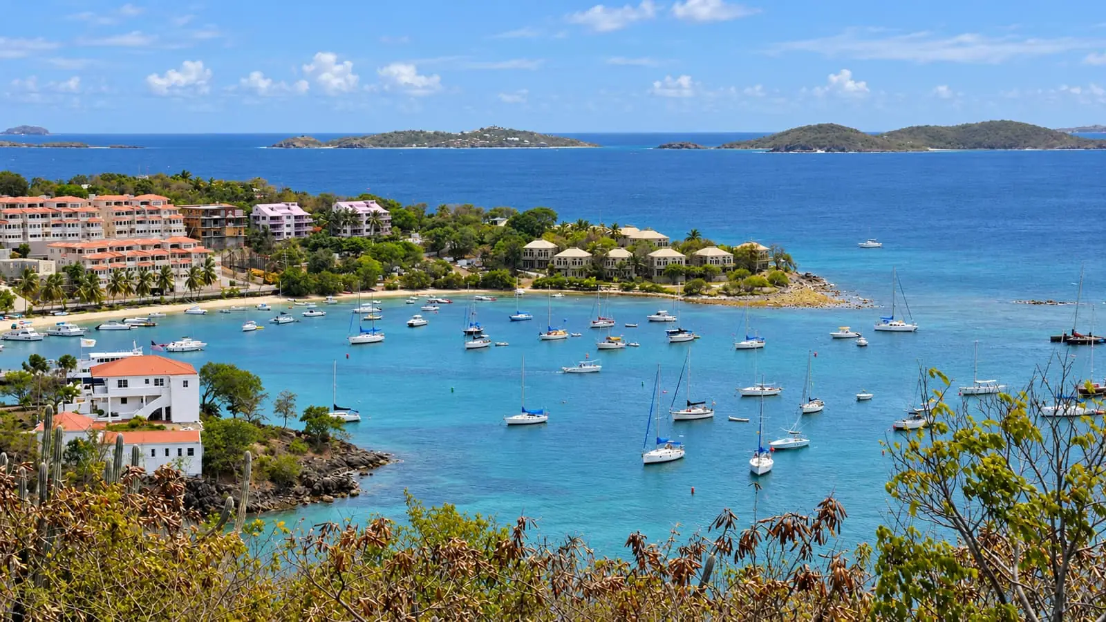 Boats moored in Cruz Bay below the hillside waterfront on St. John.